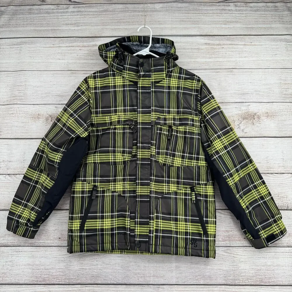 Triple Nickel 555 Plaid Snowboard‎ Jacket Youth Boys 14 Black Yellow White